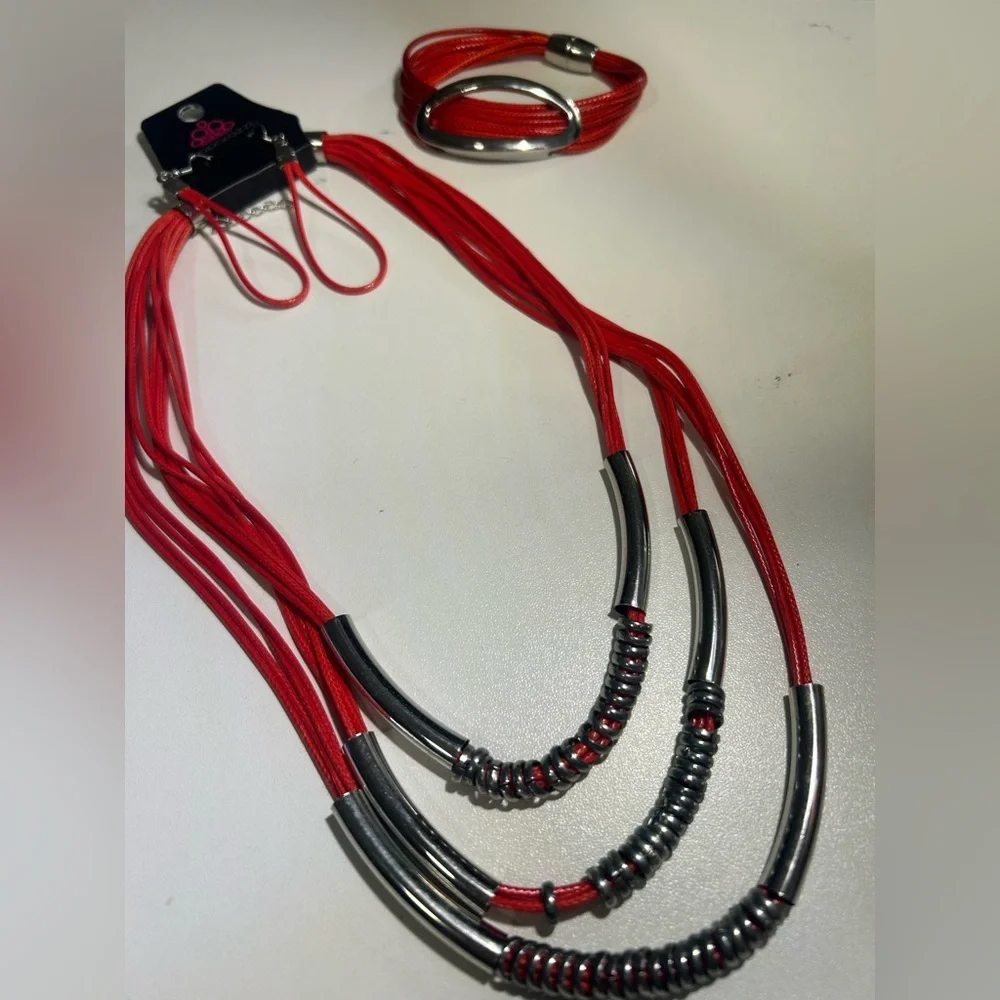 Paparazzi Red and Silver Necklace & Bracelet Set